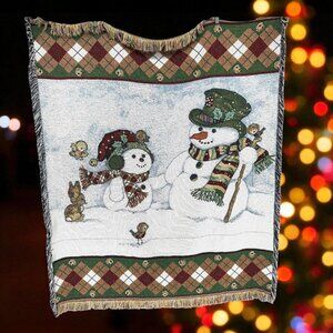 VTG 1997 American Weavers Snowman Throw Tapestry Christmas Plaid Nature 46 x 57